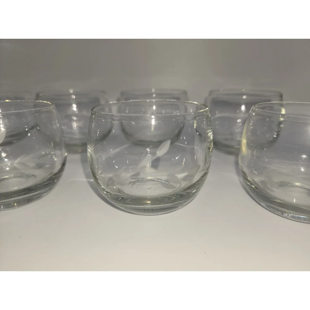 Vintage Etched Leaf Glass Juice Rocks Tumblers Set of 8 Clear Floral Barware
